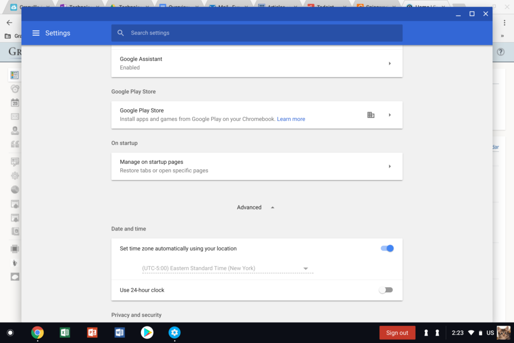 Advanced section of Chrome settings