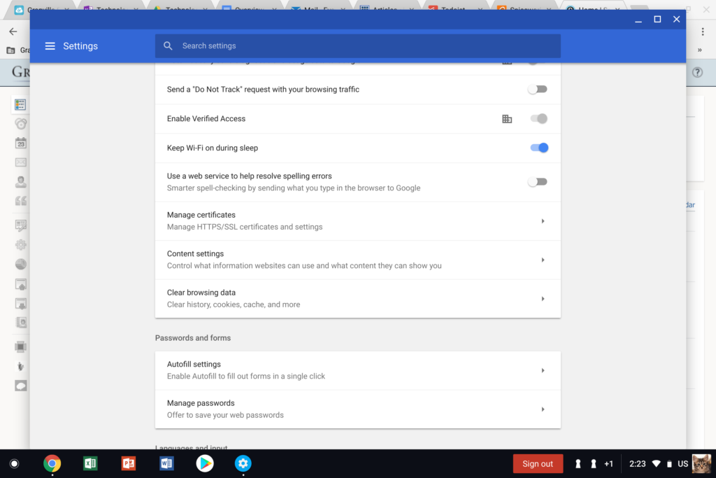 Access content settings in Chrome advanced settings