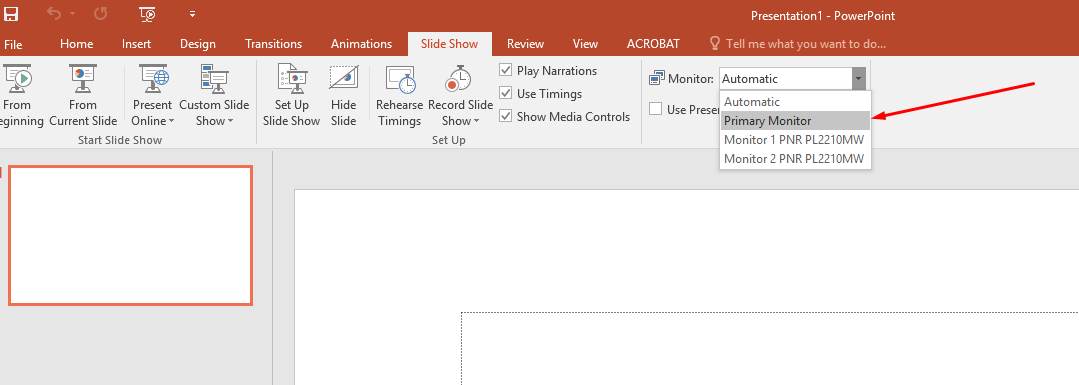 Set Montior dropdown in Slide Show tab of PowerPoint to use the Primary monitor