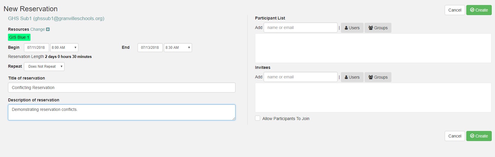 Setting up a sample reservation that is in conflict with another.