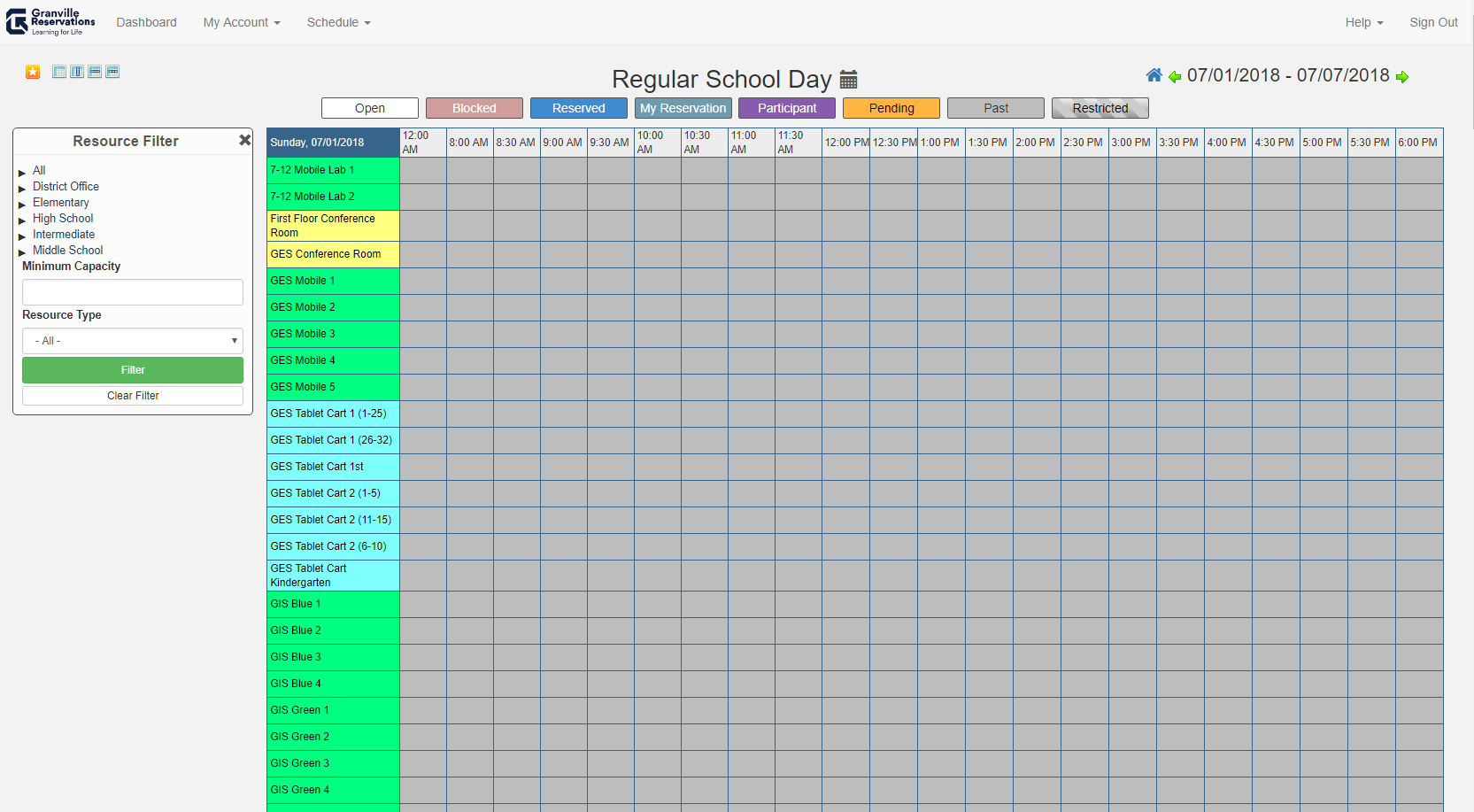 The default view of all resources once a Granville Schools staff member logs into Reservations