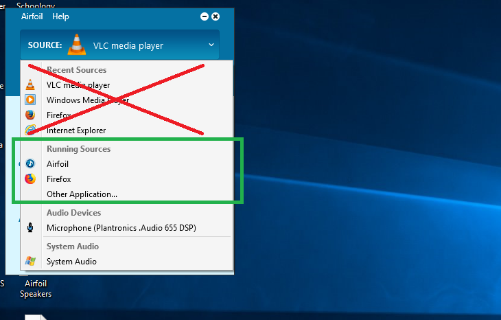 AirFoil works better when always choosing your source from the Running Sources section, rather than Recent Sources