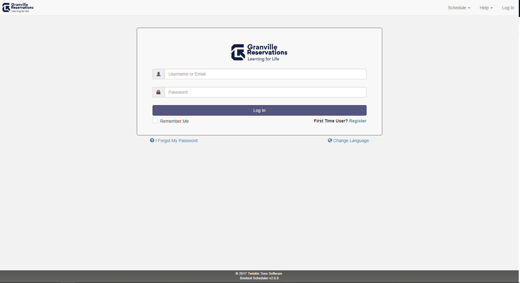The login screen for Granville Reservations